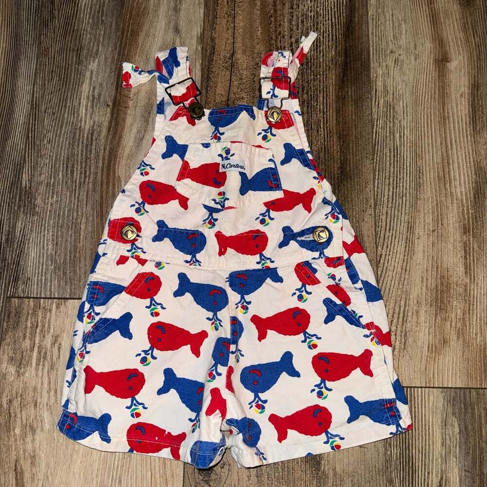 Vintage Carter's Whale Print Short Overalls oshkosh whale pattern Size 18 Months